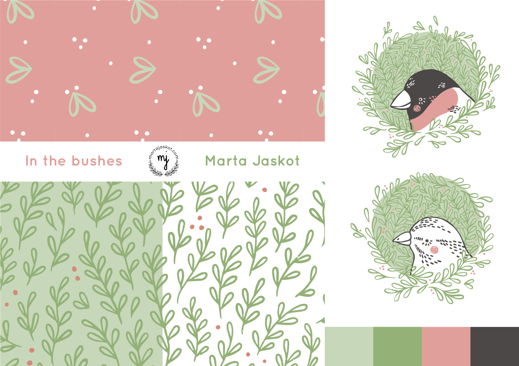 Pattern Collection of 2 leafy patterns and two spot illustrations showing sparrow and bullfinch in green, delicate foliage. It's kept in sage green, coral pink and deep grey colours. Pattern and illustrations are simple and linear wit some colour spots.
